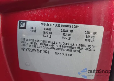 2008 Chevrolet Corvette z USA, uszkodzony, nr VIN 1G1YY26WX85110970